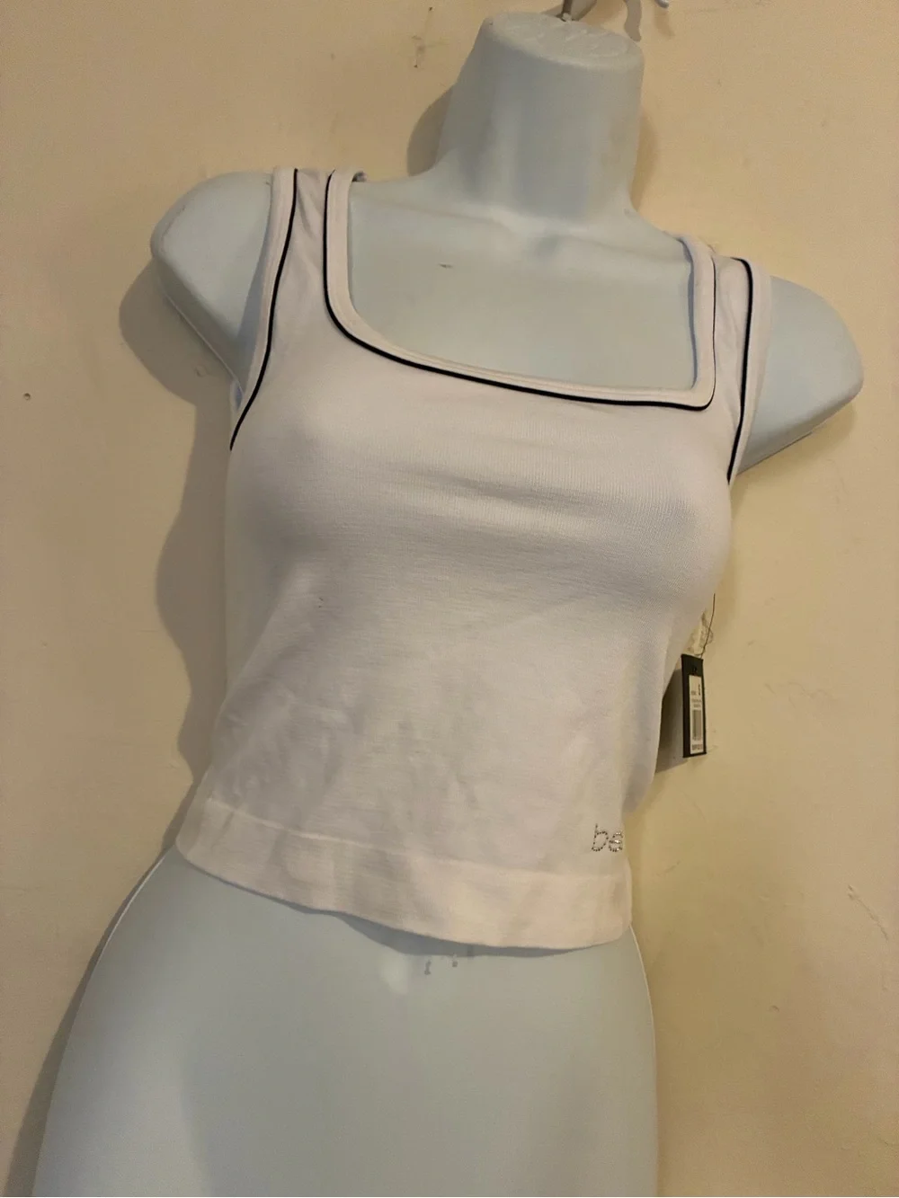 bebe White Cropped Tank with Black Piping and Rhinestone Logo - Picture 2 of 4
